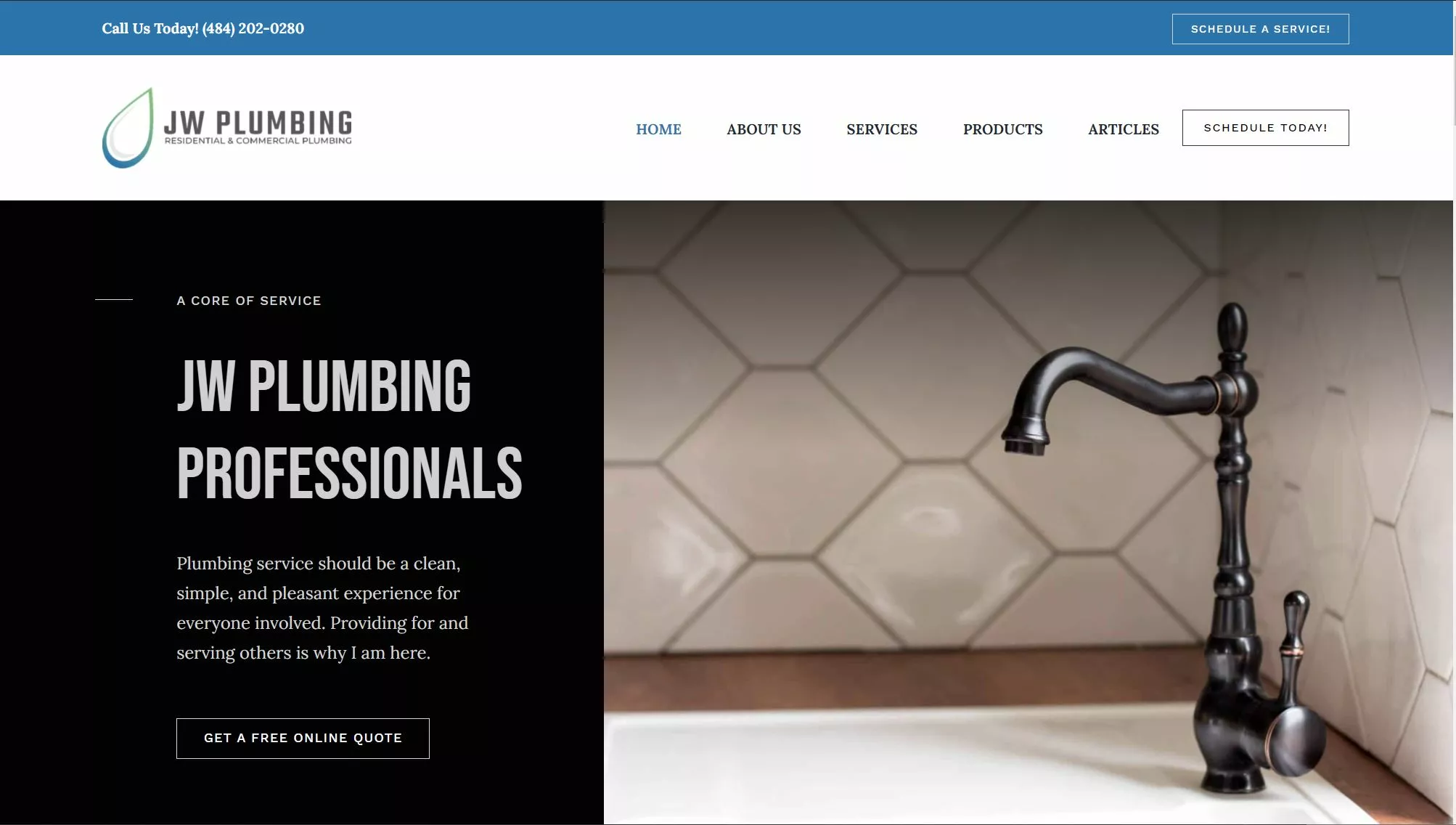 a screenshot of jw plumbing's home page